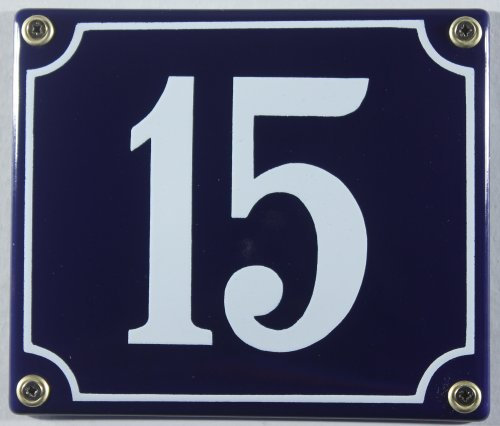 Emaille Hausnummernschild - Wählen Sie Ihre Nummer - Zahlen 1 bis 30 verfügbar - blau/weiß 12x12 cm und 12x14cm - sofort lieferbar! Hausnummer Schild wetterfest und lichtecht (15 blau/weiß 12x14cm)