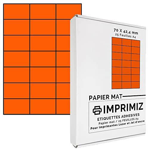 525 Selbstklebende Etiketten neon orange von 70 x 42 mm - 21 Etiketten/Blatt - 25 Blatt A4 / Papier matt - Farbe - Für Inkjet/Laser/Kopier Drucker - Etiketten farbig