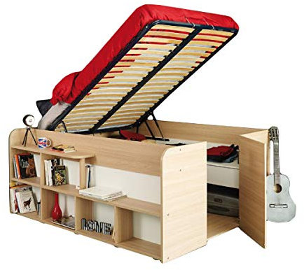 Funktionsbett Aaliyah 140 * 200 cm Baltimore Eiche inkl Lattenrahmen mit Hydraulik GS-geprüft + Schubladen + Regal Kinder Jugendzimmer Stauraum