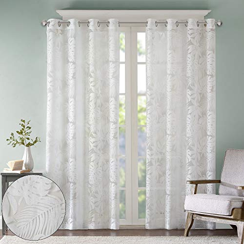 Madison Park Semi Sheer Single Curtain Modern Contemporary Botanical Print Out Design, Grommet Top, Window Drape for Living Room, Bedroom and Dorm, 50x84, Tropical White 84.00 x 50.00