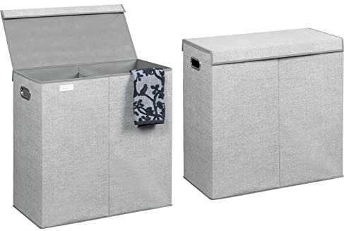 mDesign 2er-Set Wäschetruhe aus atmungsaktivem Polypropylen – Design Wäschekorb für Waschküche, Bad oder Schlafzimmer – Faltbare Wäschetonne im Jute-Look mit 2 Fächern, Deckel und Griffen – grau