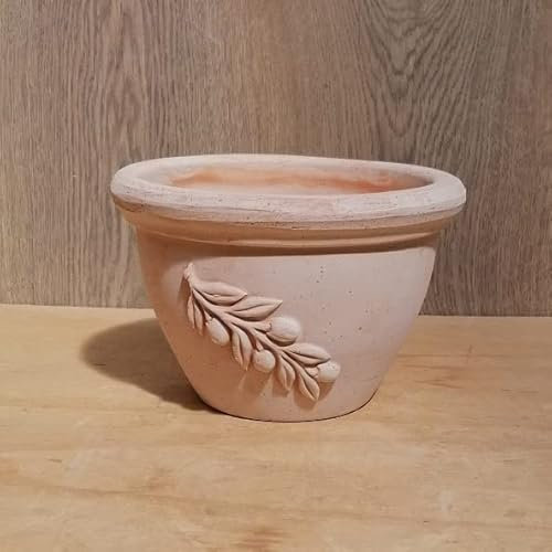 Italienischer winterfester Blumentopf mit Olivenranke 19 cm Außendurchmesser echt Terracotta Terrakotta Garten Deko Blumenkübel Pflanztopf Mediterran Italien