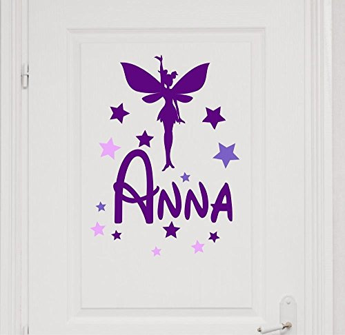 Türaufkleber mit Wunschnamen, 73061-29cm-tricolore-violett, mit bunten Sternen - Elfen, Fee, Prinzessin - fürs Mädchenzimmer, Kinderzimmer Mädchen, Kinderaufkleber