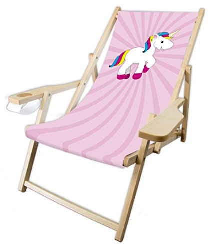 MultiBrands® Holz-Liegestuhl, mit Armlehne und Getränkehalter, klappbar, Einhorn rosa