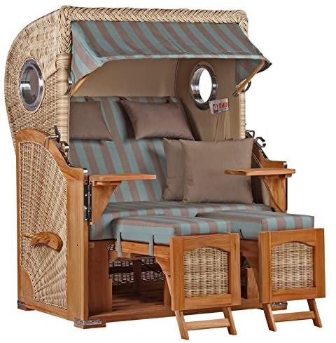 Strandkorb Teakholz Volllieger Strandstuhl Liegestuhl PE Geflecht Shell Düne TEAK Bullauge inkl. 4 Kissen+Wechselpolster - Strandkörbe aus Teak für Garten, Wintergarten und Terrassen (Dessin 520)