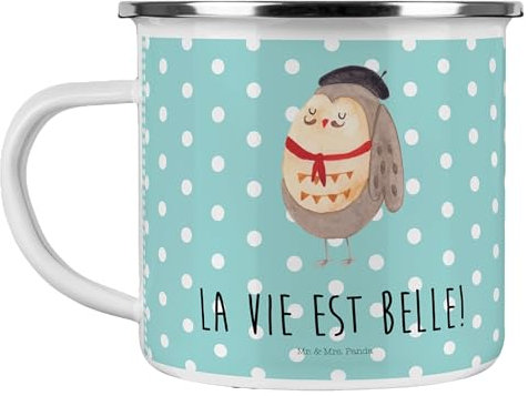 Mr. & Mrs. Panda Camping Emaille Tasse Eule Frankreich - Geschenk, Metalltasse, Camping Tassen Emaille, hibou, Emaille Trinkbecher, Emailletasse,
