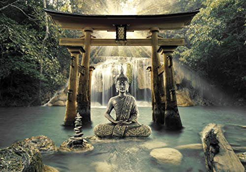 decomonkey Fototapete selbstklebend Buddha 343x256 cm XL Selbstklebende Tapeten Wand Fototapeten Tapete Wandtapete klebend Klebefolie Zen Orient Wasserfall Natur
