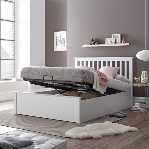 happybeds Malmo White Wooden Ottoman Storage Bed, 5ft King, Frame Only | 5ft King, Wooden Ottoman Storage Bed, Gas-Lift Storage, Frame Only, White, Solid Slatted Base, 150 x 200 cm, Modern Design