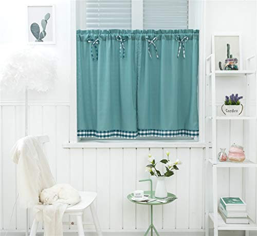 Dreamskull Kurzstores Gardinen Kleinfenster Kurz Landhausstil Vintage Blickdicht Scheibengardinen Kurzgardinen Vorhang Kurzvorhang Modern Küche Kariert 90cm hoch 2er Set Wohnzimmer (Blau)