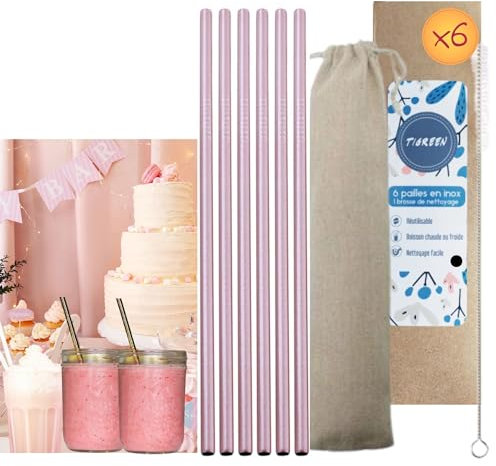 Paille reutilisable inox droite 6 pailles en métal aluminium grande 21 cm avec goupillon, paille inox, pailles fines inoxydable pour cocktail, décoration anniversaire (Rose)