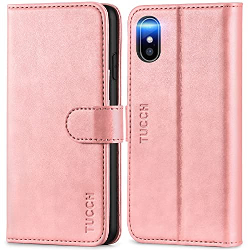TUCCH Cover per iPhone XS Max, Custodia Antiurto Automatico Wake/Standby Portafoglio RFID Blocco Tasca Carte Pelle Sintetica Chiusura Magnetica Supporto Portacellulare per iPhone XS Max, Oro Rosa