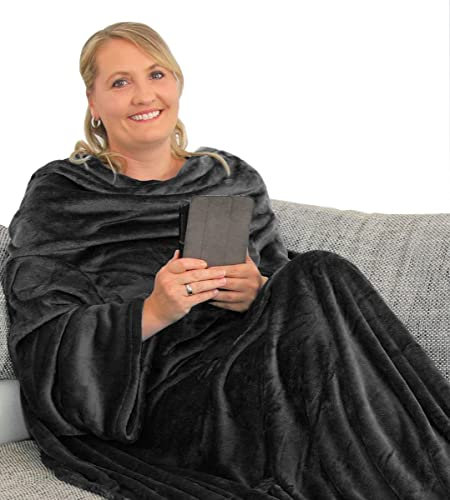 L.E.M.B. Hometrends Kuscheldecke mit Ärmeln TV Decke Sofadecke Ärmeldecke Wohndecke Fleecedecke Mikrofaser Strokkur 170 x 200 cm schwarz
