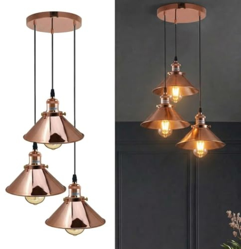 DC VOLTAGE 3 Light Cone Pendant Ceiling Light E27 Rose Gold | Metal shades | Elegant contemporary finish | Decorative cluster lighting | Stylish focal point