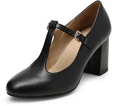 DREAM PAIRS Low Chunky Heels for Women T-Strap Mary Jane Pumps Wedding Dress Shoes DPU211,Size 7.5,Black/Pu,DPU211