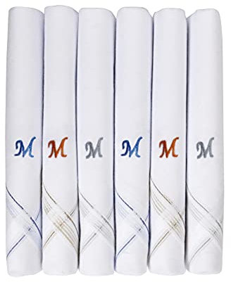 Caruso Italy Men's Initial Monogram M Embroidery 100% Pure Cotton Handkerchief White Base With Colored Border - Pack Of 6