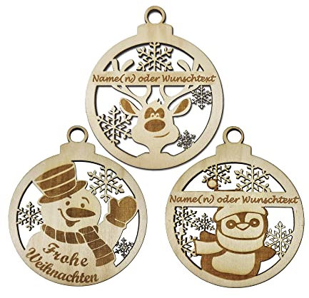 Christbaumschmuck Personalisierbar Holz - Weihnachtsschmuck mit Namen - Christbaumkugeln - Personalisierte Weihnachtskugel - Geschenkanhänger - Schneemann Rentier Pinguin