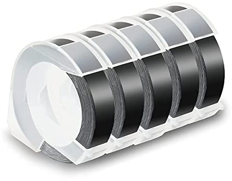 Lukasz 5Er-Pack Etikettenband für PräGeband 12 Mm 3D-PräGeetiketten, auf Schwarz für DM1595 Organizer Xpress Pro