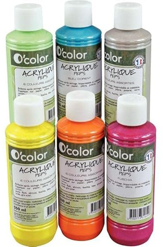 Lot de 6 flacons de 250 ml de peinture acrylique O'COLOR couleurs nacrées
