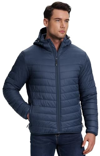 33,000ft Herren Leichte Steppjacke Outdoor Wasserbeständige Übergangsjacke Warme Winterjacke für Männer, Kapuze Wintermäntel Pufferjacke Verstaubar Schwarzblau M