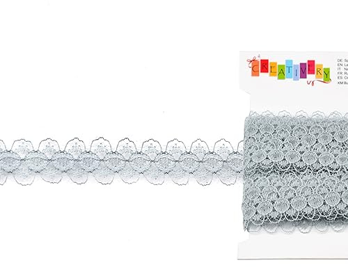 Creativery Spitzenband 15mm x 10m - Farbauswahl - farbecht & waschbar - Vintage Spitzenborte für Hochzeit - Borten und Bänder zum Nähen Dekorieren Basteln - Silber/Grau 012H