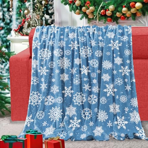 Weihnachts Kuscheldecke Schneeflocken Blau Decke mit Schneeflocke Weihnachten Weich Warm Plüsch Merry Christmas Flanell Fleece Wohndecke für Xmas Geschenke Winterurlaub Party Couch Bett Deko 130x152cm