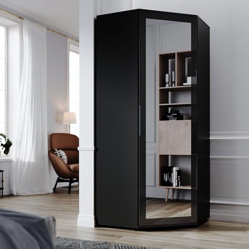 ELEGANT Corner Large Mirrored Wardrobe with 2 Hanging Rails and 5 Storage Shelves, Modern Black High Gloss & Matt Bedroom Closet Storage, Space Saving Design
