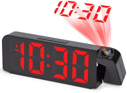 VINILITE Projection Clocks for Bedrooms Digital Alarm Clocks Bedside with Temperature and Date, RGB Large Display 4 Brightness Levels Night Mode Mains Powered
