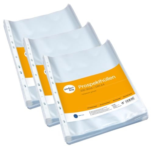 perfect line 600 Prospekthüllen DIN-A4, Klarsichtfolien transparent, genarbt, dokumentenecht, säurefrei - (3 x 200 Stk.)