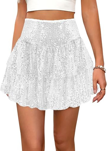 Segreto Damen Glitzer Pailletten Rock A-Linie Hohe Taille Minirock Dehnbar Faltenrock Glockrenrock Party Kurz Röcke Silber