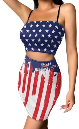 Suhoaziia Robe moulante 2 pièces pour femme avec haut court froncé et jupe moulante, drapeau des usa, L