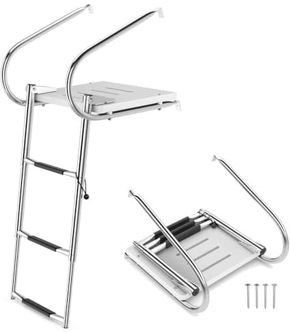 TANGZON 3/4-Step Pontoon Boat Ladder, Folding Telescoping Rear Entry Inboard Ladder, Heavy Duty Stainless Steel Swimming Dock Ladder with 225kg Weight Capacity(3-step, with Platform & Handrails)