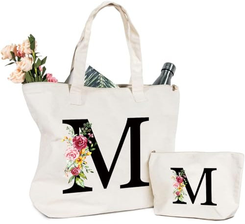 Tragetasche und Kosmetiktasche mit Initial, Canvas Einkaufstasche mit Reißverschluss, Personalisiert Initialen Baumwolltasche Geschenk für Freundin Frau Mama Schwester Geburtstag Hochzeit Muttertag M
