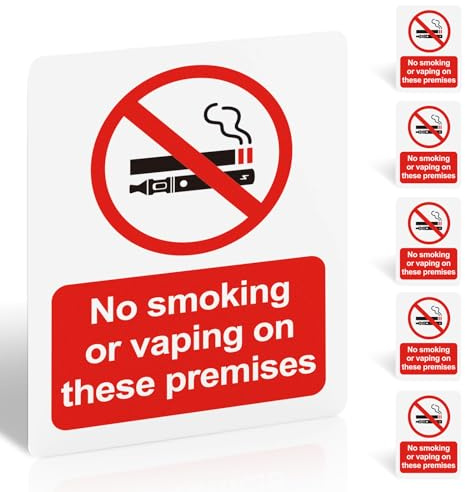 No Smoking or Vaping on These Premises Sign - 6 Pack, 100x75mm Self-Adhesive Vinyl Sticker - UV Printed Matte Surface, Waterproof, EN ISO 7010 Compliant