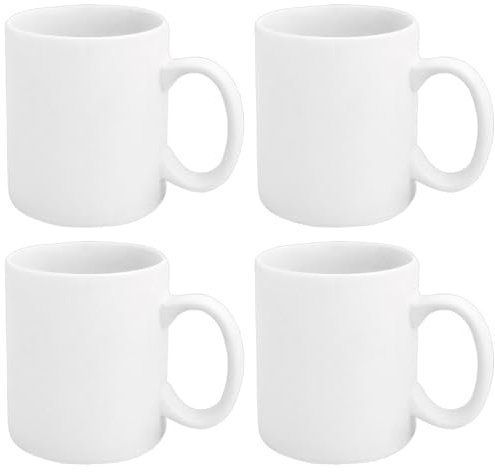 Tradineur - Pack de 4 Tazas MUG de cerámica - Resistentes y Duraderas - Aptas para lavavajillas y microondas - 9,5 x 8,2 cm - 310 ml - Blanco