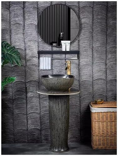 ZTGL Lavello in Ceramica retrò Art con Piedistallo, Lavandino su Piedistallo da Giardino, Lavabo Bagno con Motivo in Pietra Nera, Lavabo da Pavimento Salvaspazio,with Mirror