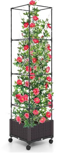 COSTWAY Fioriera con Grigliato per Piante Rampicanti, Letto Rialzato con Spalliera, Sistema di Auto-irrigazione, Altezza Regolabile e Ruote, Fioriera Verticale da Interno ed Esterno