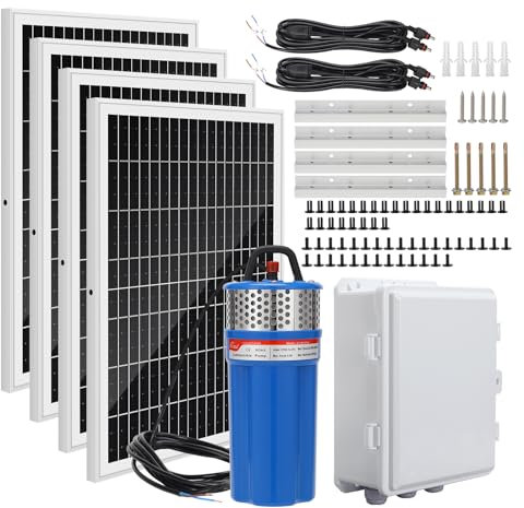 Kit de bomba solar para pozo con función de temporización, bomba de agua solar sumergible + cuatro paneles solares (soporte fijo a juego) + caja impermeable (contiene controlador/batería/temporizador)