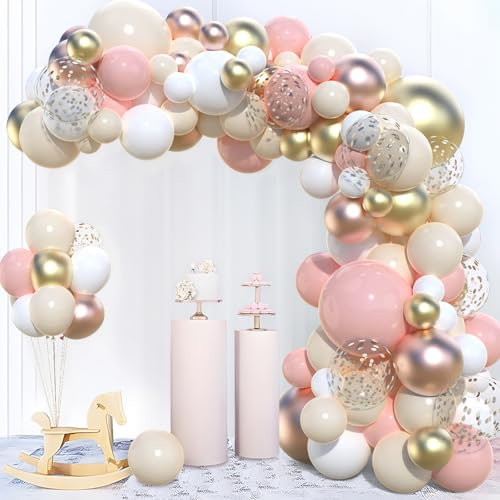 Luftballon Girlande Rosa Beige Gold, 110 Stück Pastell Rosa Gold Aprikose Weiß Ballon Girlande Set, Roségold Gold Konfetti Ballons für Mädchen Frau Geburtstag Babyparty Hochzeit Brautparty Party Deko