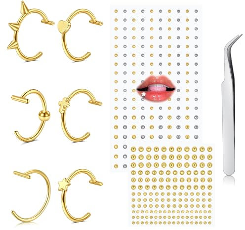 AVYRING Fake Piercings, Edelstahl Clip-on Spike Lippenringe, Nicht Piercing Kugelförmiger Lippenstud Aufkleber, T-förmiger Medusa Faux Piercing Schmuck für Männer Frauen, Gold