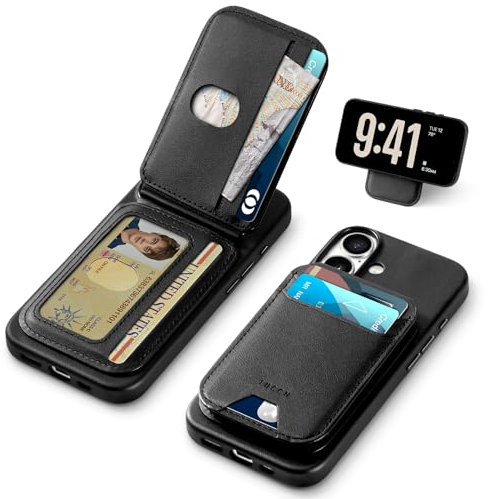TUCCH Magnetic Case for iPhone 16 (6.1) 2024 with Detachable Wallet[5 Card Holders]Adjustable Stand[RFID Blocking][Wireless Charging]Protective Slim PU Leather Cover Compatible with iPhone 16, Black