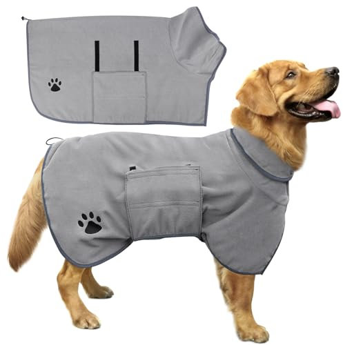 Bademantel Hund, Hundemantel, Bauch Anpassbarer, Graues Hundebademantel für Große Hunde, Ultraleicht Absorbierend, Tuch zum Trocknen, Schnell Trocknend, Innen- & Außenverwendung. XL