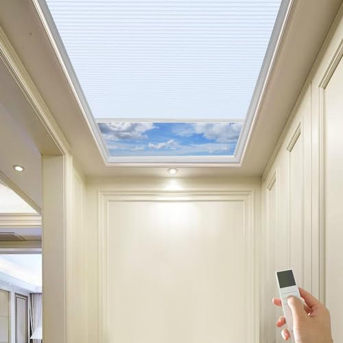 TIPIACE New Upgrade Rechargeable Motorized Skylight Blinds Full Blackout Fabric Cellular Honeycomb Shades Suitable for Roof Inclined Plane Room Windows (Pure White 93021A)