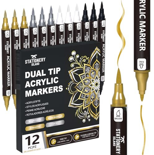 STATIONERY ISLAND Acrylic Paint Pens 12 PCS, Golden, Silver, White, Black, Dual tip Metallic Marker Pens for Rock Painting Stone Glass Ceramic Wood Metal Fine & Brush Tip Water Based Acrylic Markers