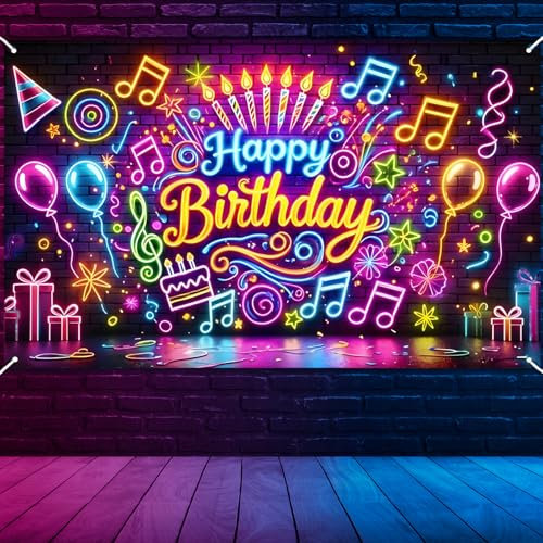 Qpout Neon-Geburtstags-Hintergrund, leuchtet im Dunkeln, Party-Banner für Neon-Geburtstagsdekorationen, 1,8 m x 1,2 m