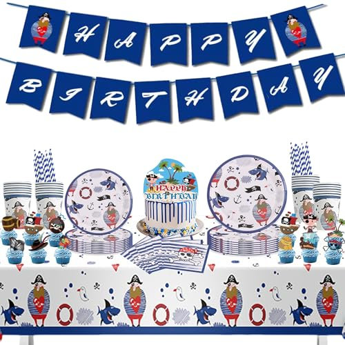 111 Stück Piraten Deko Kindergeburtstag Partygeschirr für 16 Gäste - Pirate Party Geschirr Pappteller Becher Servietten Strohhalme, Piratenschiff Tischdecke und Girlande für Geburtstagsdeko