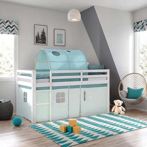 Homestyle4u Kinderbett Hochbett 90x200 mit Vorhang Treppe Tunnel Grün Bettrahmen Holz Kiefer Weiß