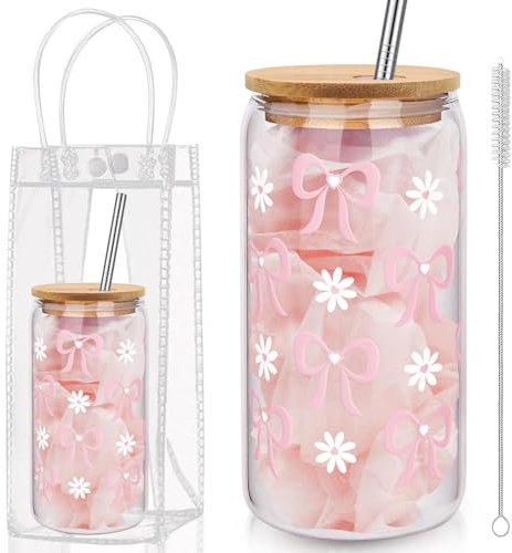 Charfia Pink Bow Glass Cup Set, 500ML Iced Coffee Cup with Bamboo Lids and Glass Straws, 5 Pack