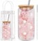 Charfia Pink Bow Glass Cup Set, 500ML Iced Coffee Cup with Bamboo Lids and Glass Straws, 5 Pack