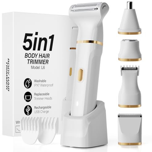 Rasuradora para Mujer, 5 en 1 Afeitadora para Cuerpo Húmedo y Seco, Ideal para Rasurar Todos los Pelo del Cuerpo, Depiladora Facial, IPX7, Carga mediante USB-C o Estación de Acoplamiento.
