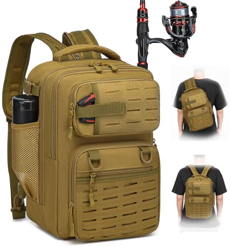 BlesMaller 2 in 1 Angelrucksack mit Rutenhalter kleine Angeltasche 25L taktische Angeln Schultertasche militär Rucksack für Angeln Wandern (23x20x37cm) Braun